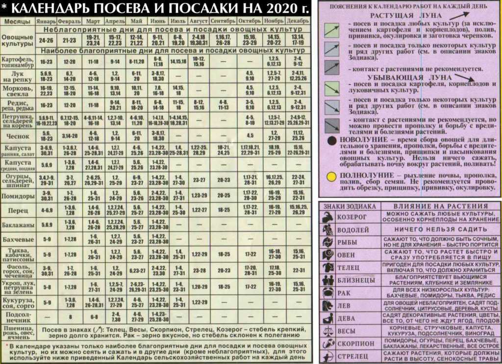 Лунный посевной календарь огородника на 2020 год (таблица)